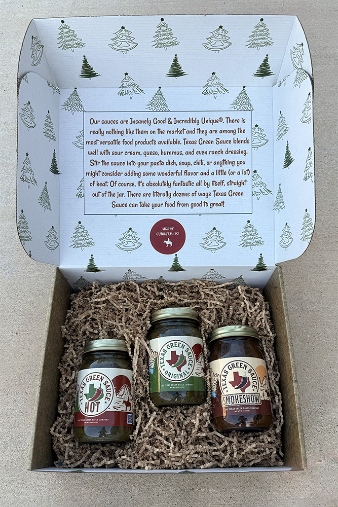 Texas Green Sauce Holiday Sampler Box showing all three flavors - Original, Hot, and Smokeshow in festive Christmas tree packaging